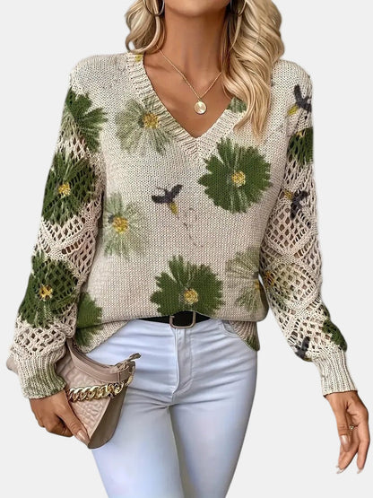 Women's Sweater | Floral Knit V-Neck 2