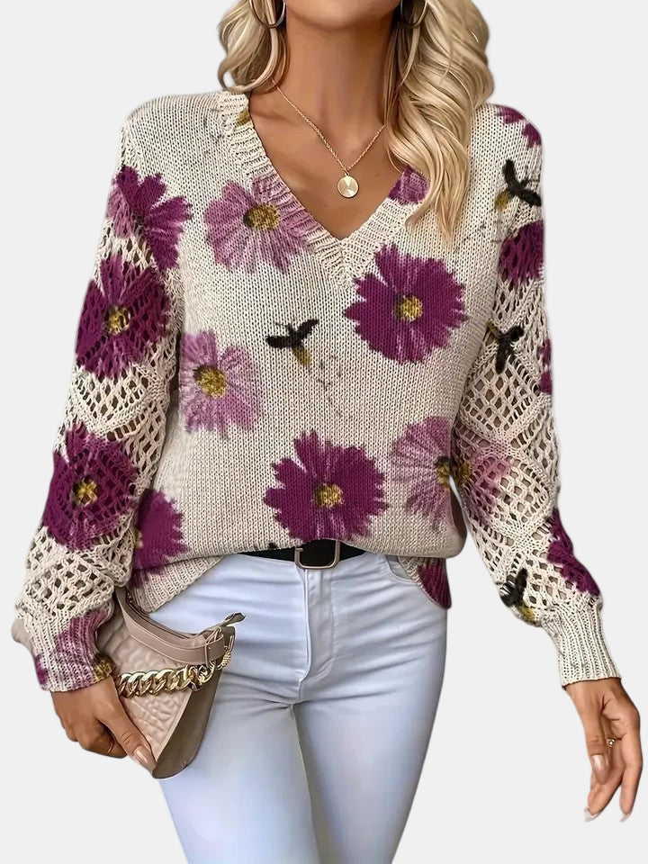 Women's Sweater | Floral Knit V-Neck 3