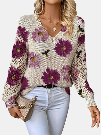 Women's Sweater | Floral Knit V-Neck 3