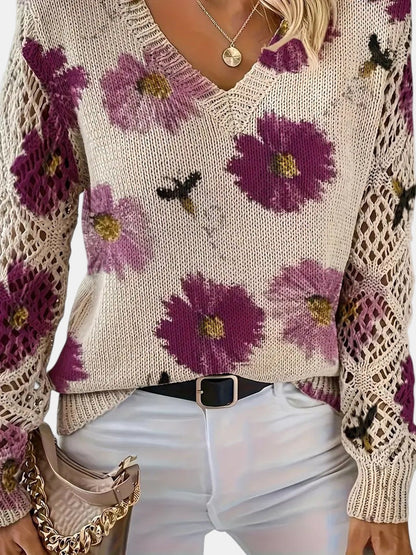 Women's Sweater | Floral Knit V-Neck 4