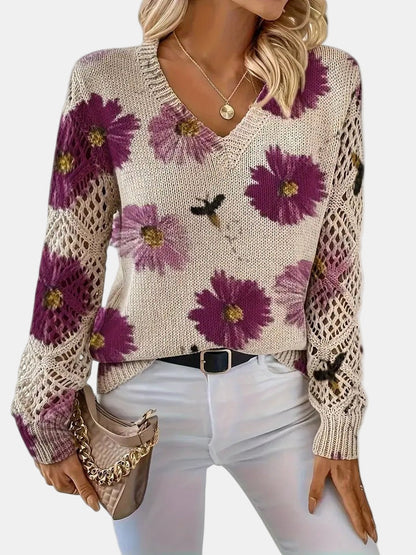 Women's Sweater | Floral Knit V-Neck 5