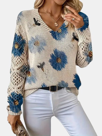 Women's Sweater | Floral Knit V-Neck 6