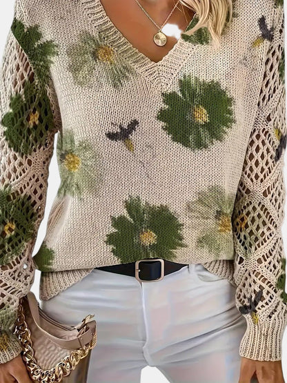 Women's Sweater | Floral Knit V-Neck 7