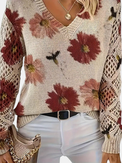 Women's Sweater | Floral Knit V-Neck 8