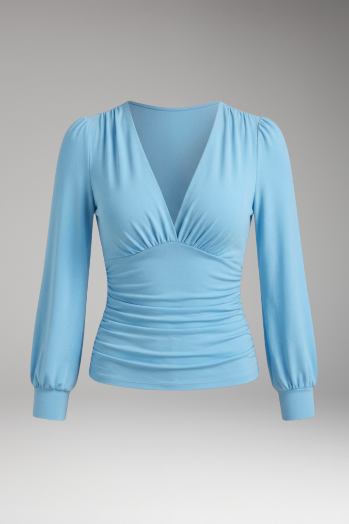 Women’s V-Neck Blouse with Ruched Waist and Long Sleeves 1