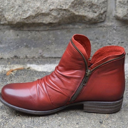 Eunice | Women's Leather Ruched Side-Zip Low-Heel Ankle Boots