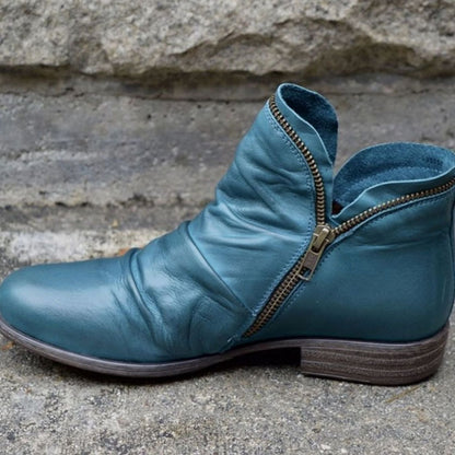 Eunice | Women's Leather Ruched Side-Zip Low-Heel Ankle Boots