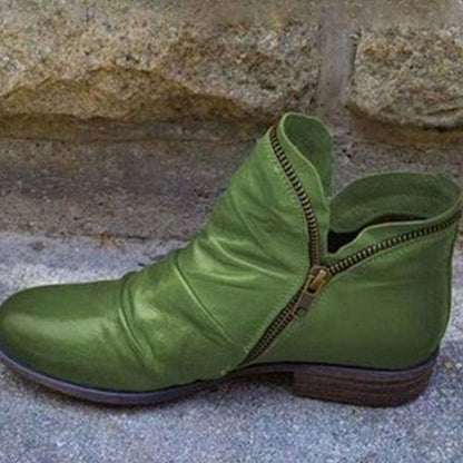 Eunice | Women's Leather Ruched Side-Zip Low-Heel Ankle Boots