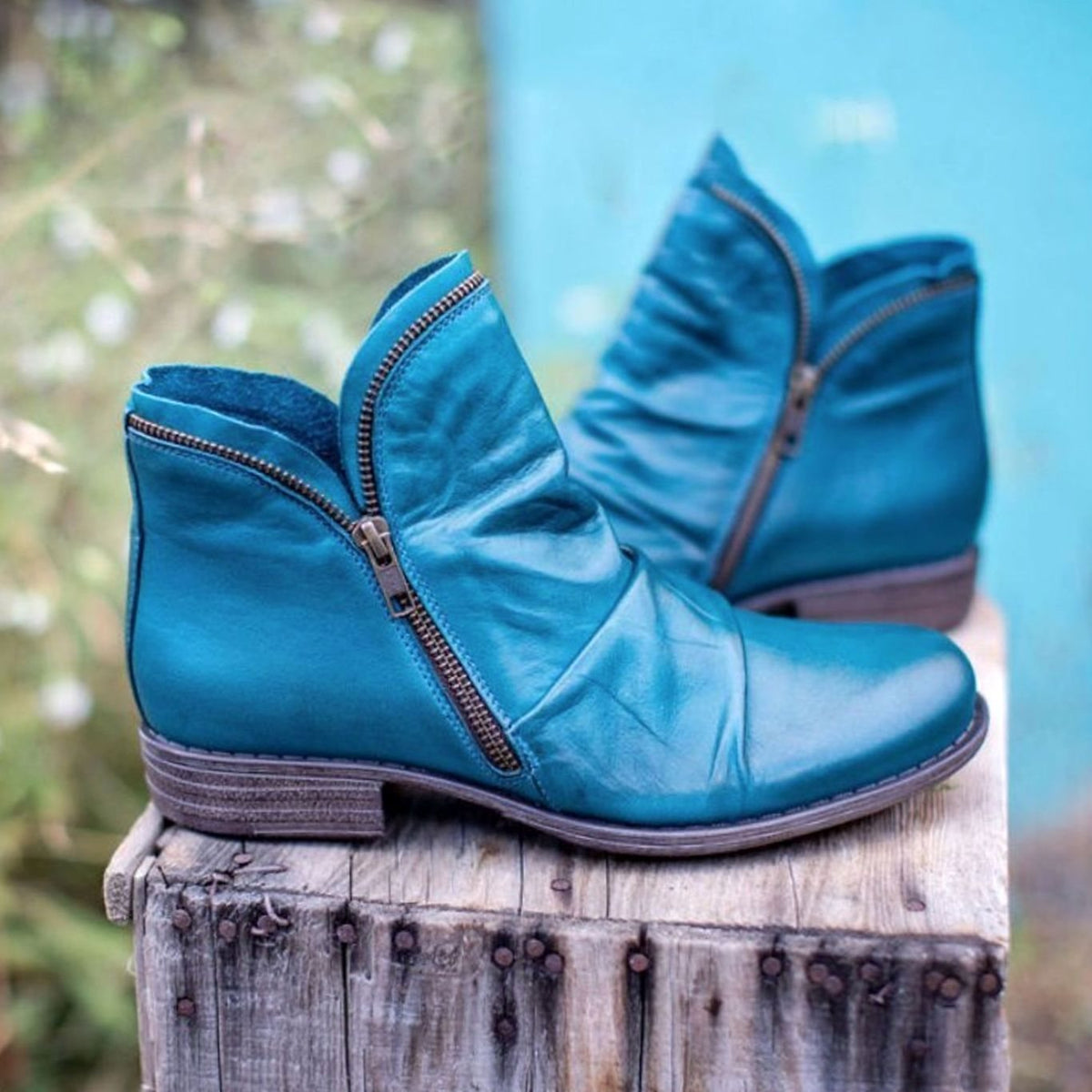 Eunice | Women's Leather Ruched Side-Zip Low-Heel Ankle Boots