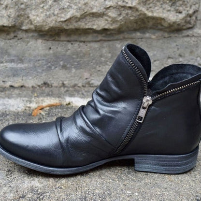 Eunice | Women's Leather Ruched Side-Zip Low-Heel Ankle Boots