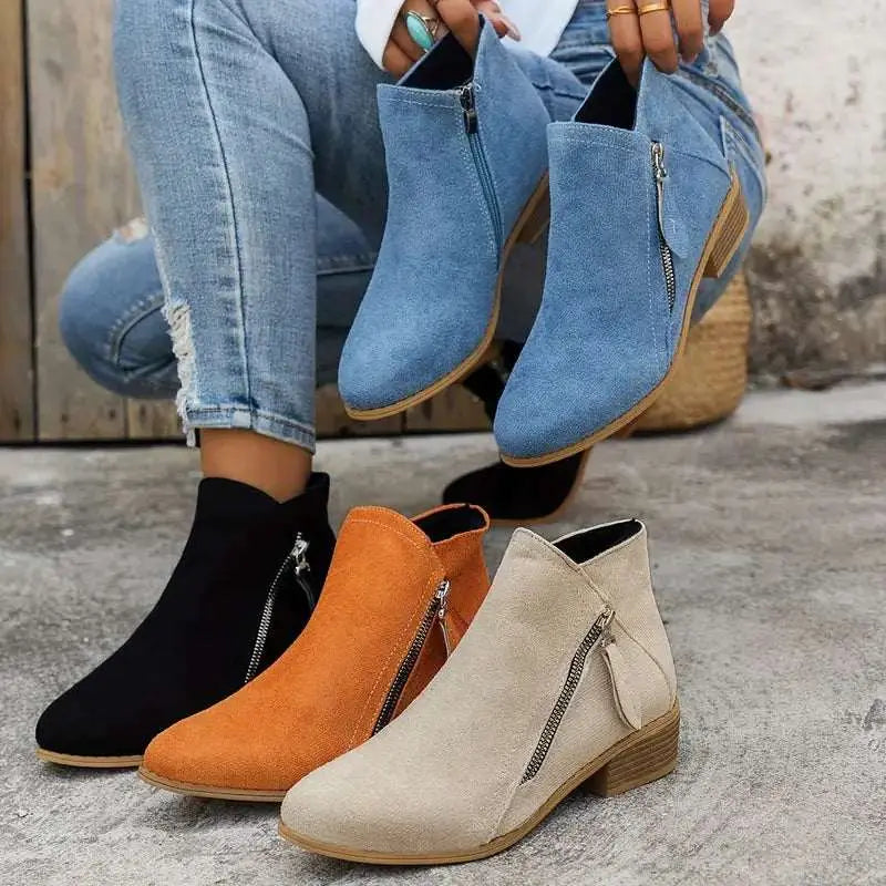 Women's Ankle Boots | Side Zip, Low Stacked Block Heel