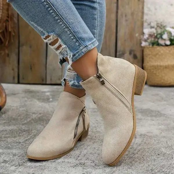 Women's Ankle Boots | Side Zip, Low Stacked Block Heel
