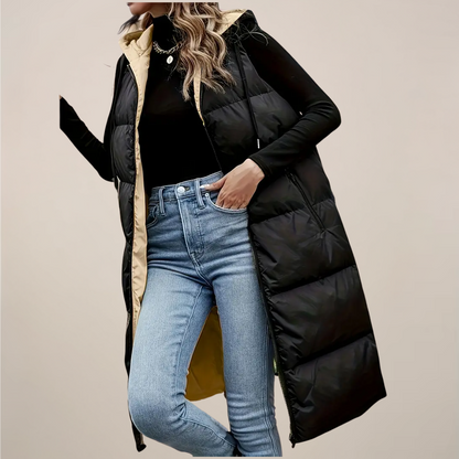 Women’s Black Longline Puffer Gilet – Stylish Hooded Vest for Outdoor Adventures