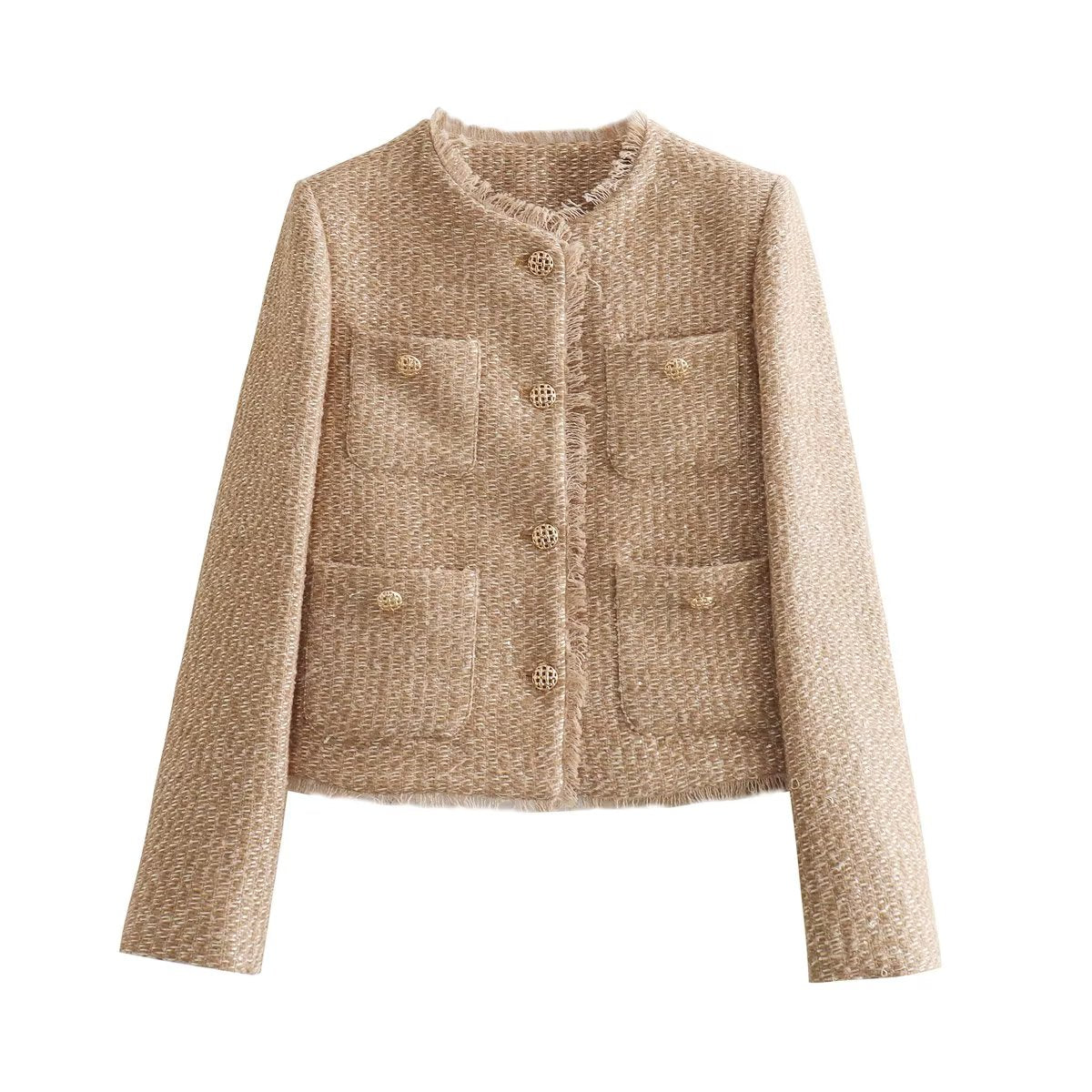 Chic Collarless Blazer Jacket with Gold Accents