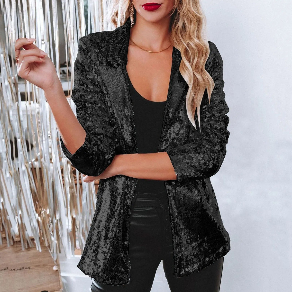 Women's Blazer | Open Front, All-Over Sequin Shine