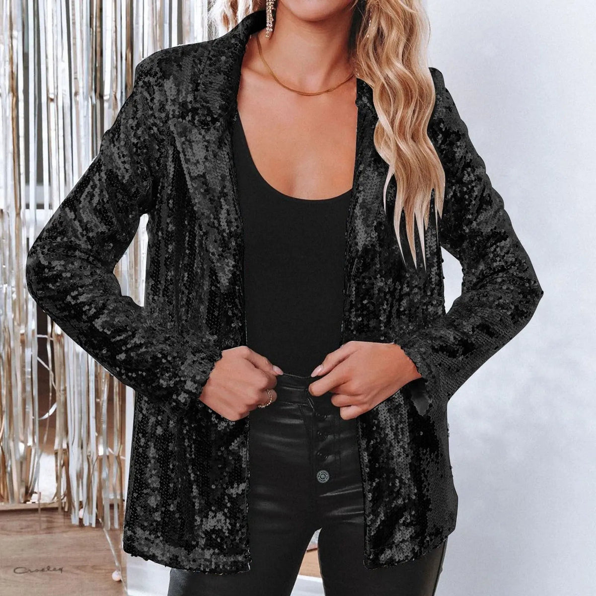 Women's Blazer | Open Front, All-Over Sequin Shine