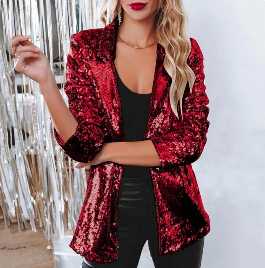 Women's Blazer | Open Front, All-Over Sequin Shine