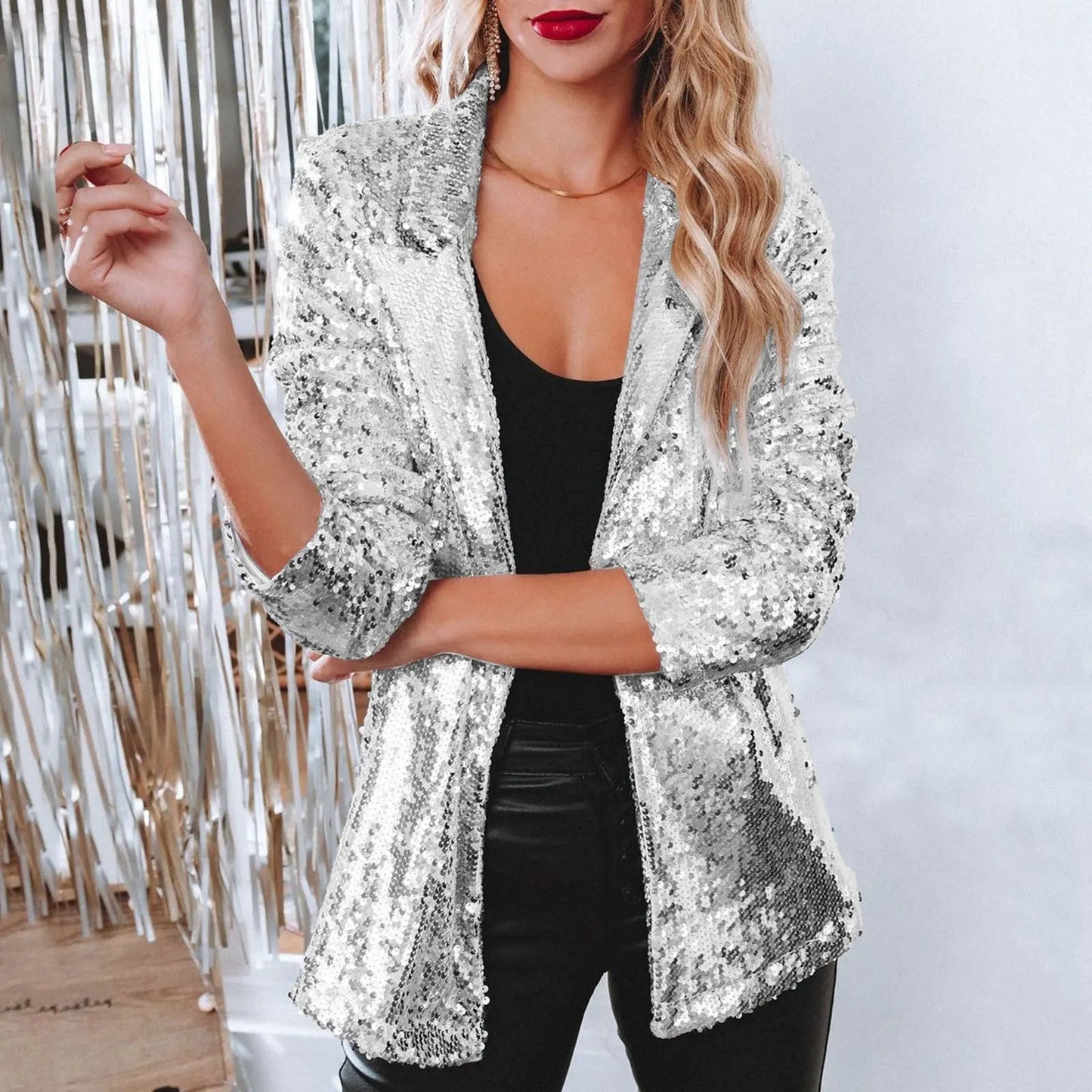 Women's Blazer | Open Front, All-Over Sequin Shine