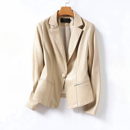 Isabella Lumina genuine leather blazer jacket with one button, tailored fit, featuring classic lapel and sleek design.