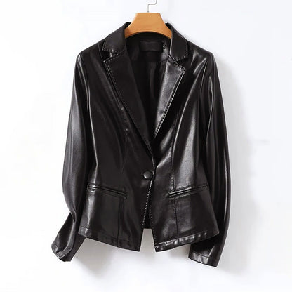 Isabella Lumina genuine leather blazer jacket featuring a tailored fit and single-button design, shown in a stylish close-up shot.