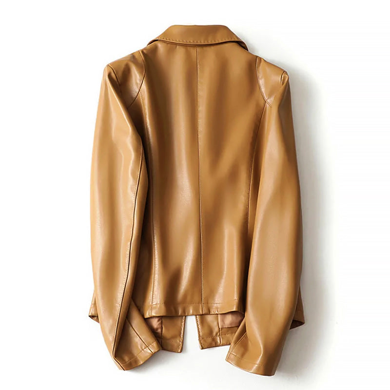 Isabella Lumina genuine leather blazer jacket with a single button, tailored fit, showcasing smooth leather texture and classic design.