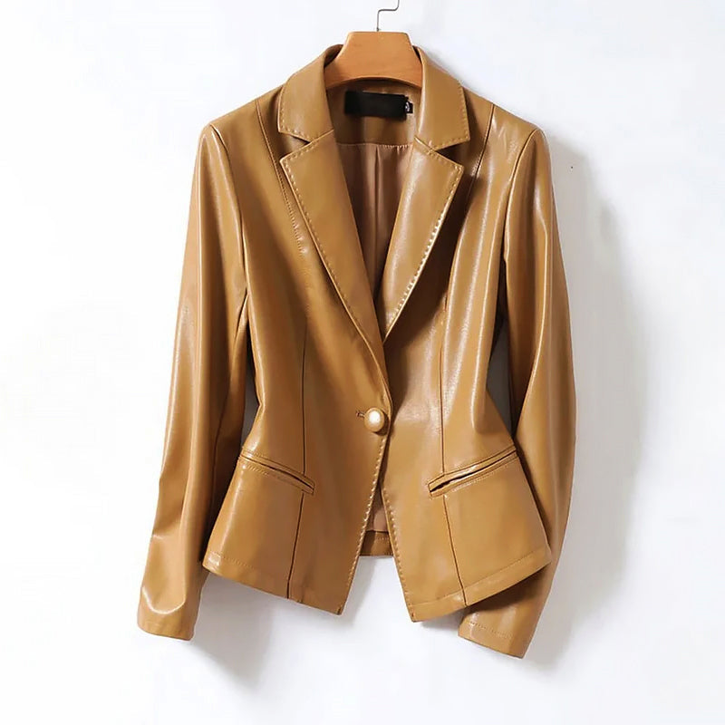 Isabella genuine leather blazer jacket by Lumina Wear featuring a tailored fit and single-button closure, shown on a model.
