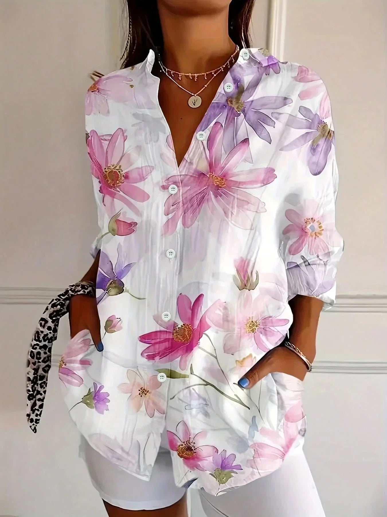 Women's Blouse | Abstract Print & Button-Front Long Sleeve