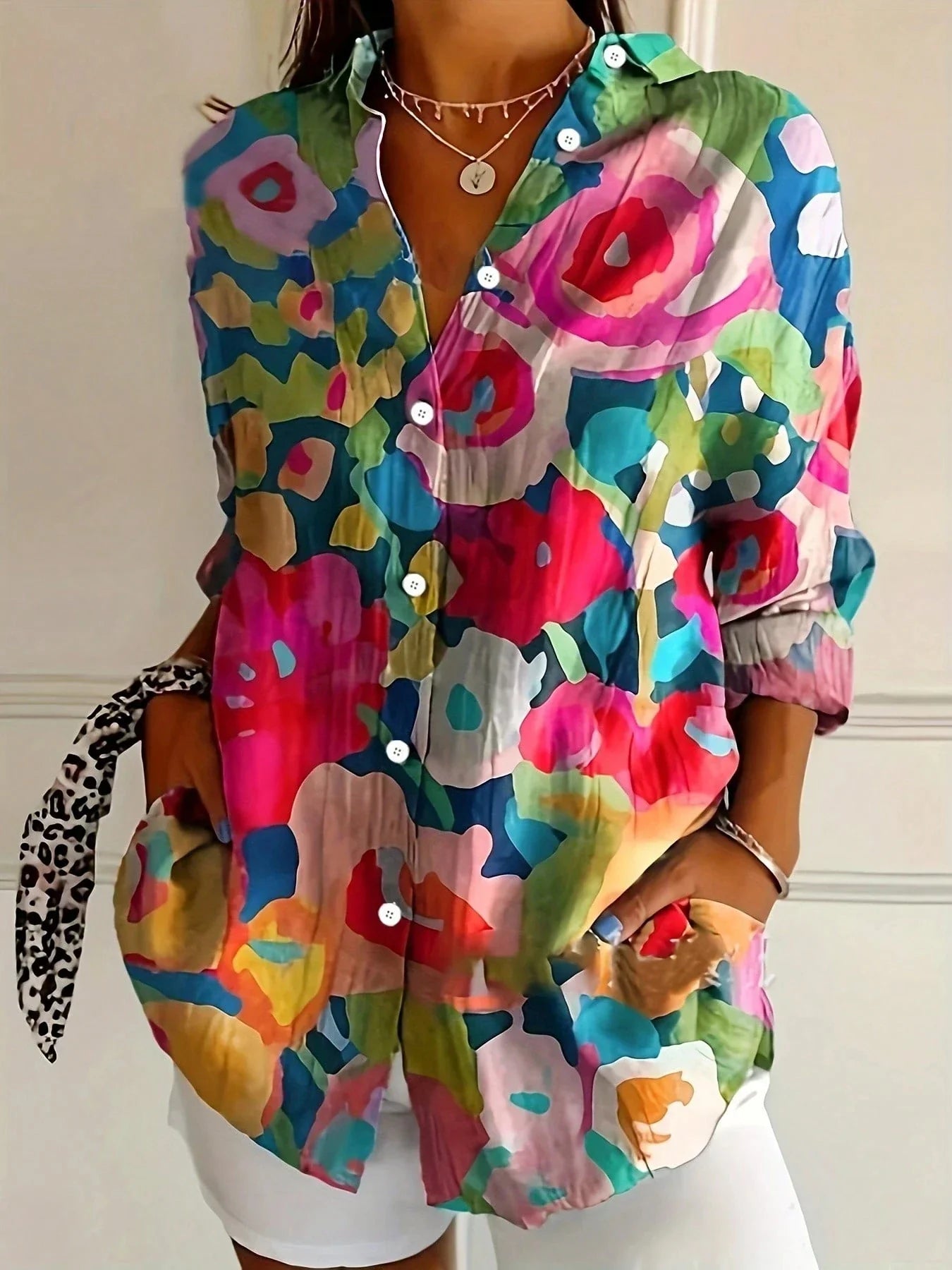 Women's Blouse | Abstract Print & Button-Front Long Sleeve