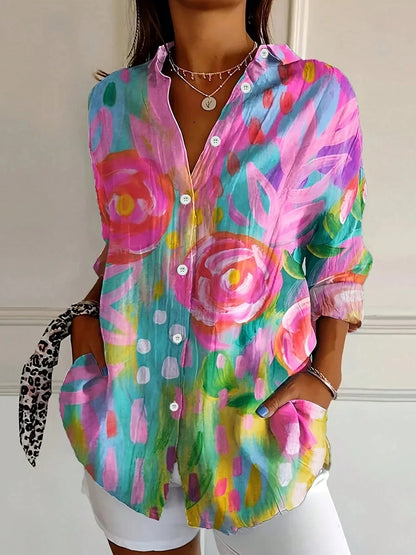 Women's Blouse | Abstract Print & Button-Front Long Sleeve