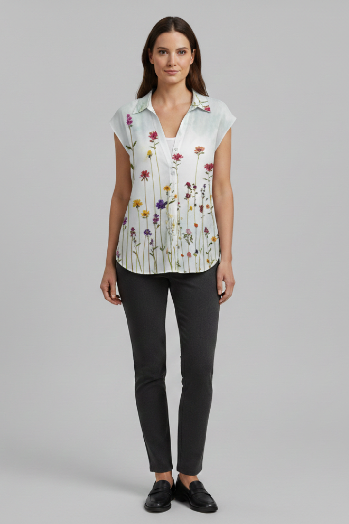 Women's Blouse | Cap Sleeve Collared Button Front Top
