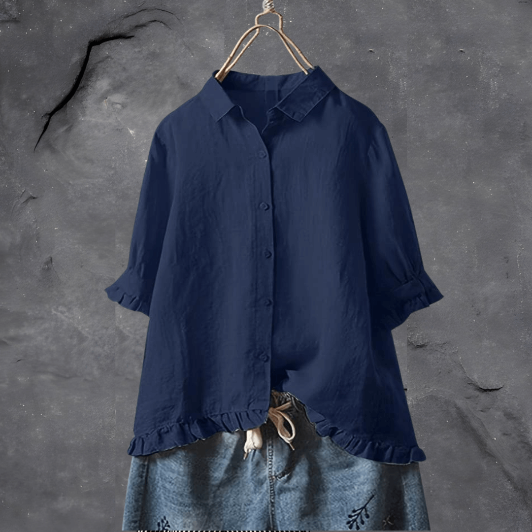 Women's Blouse | Collared Button-Front & Ruffled Hem Detail