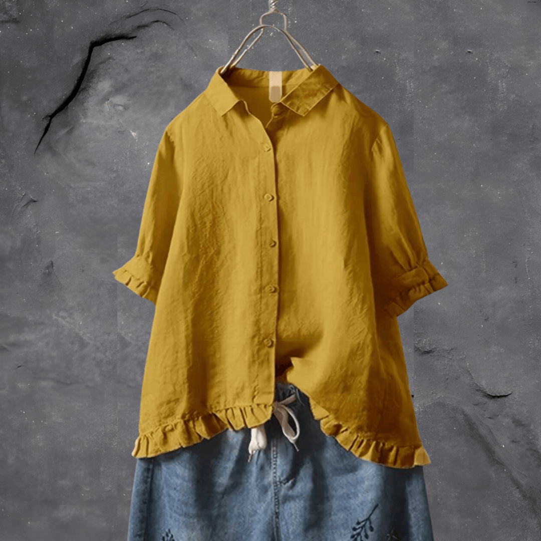 Women's Blouse | Collared Button-Front & Ruffled Hem Detail