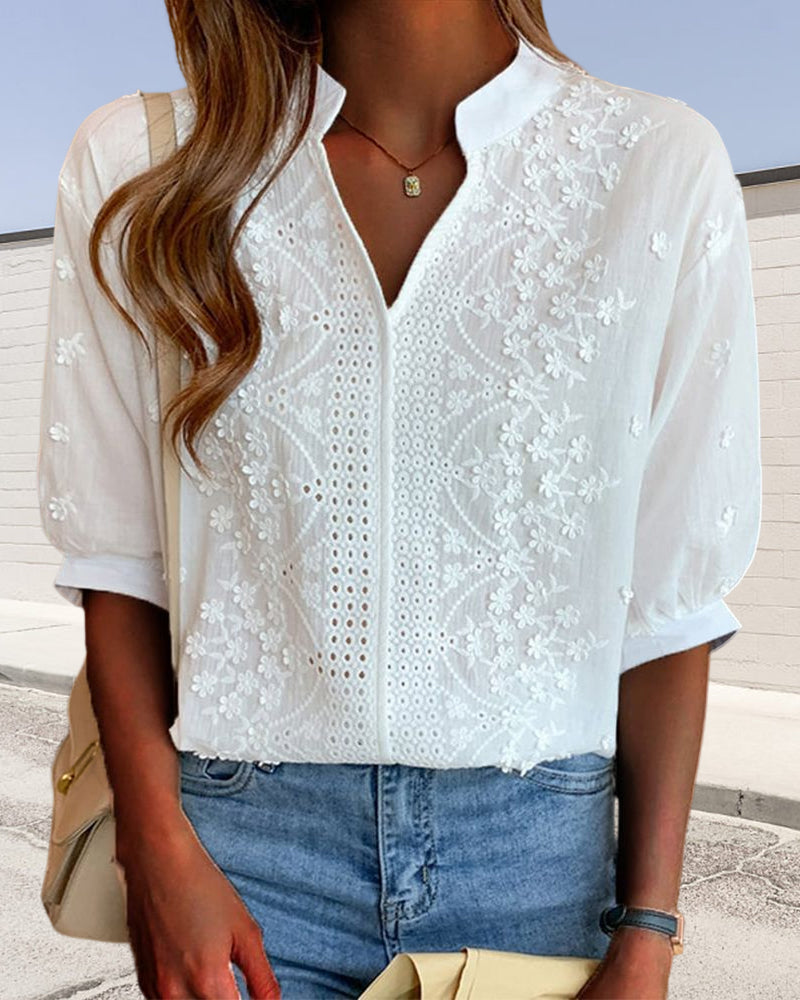 Women's Blouse | Embroidered Front & Puff Sleeve V-Neck