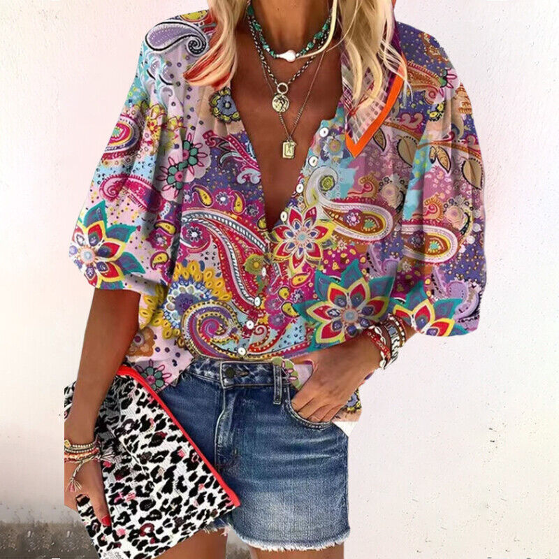 Women's Blouse | Faded Floral Print Blouson Sleeve Top