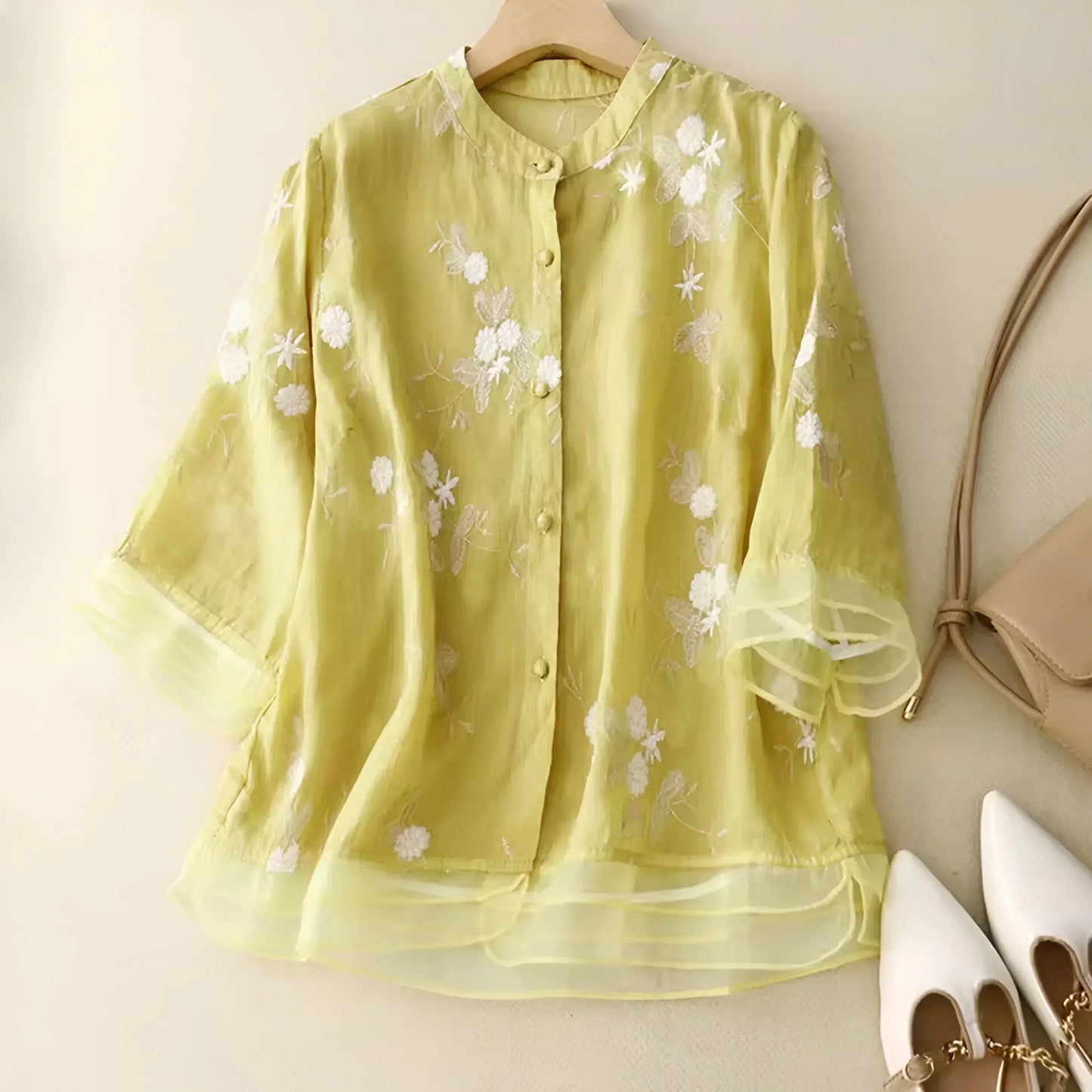 Women's Blouse | Floral Embroidery & Sheer Flared Sleeves