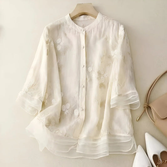 Women's Blouse | Floral Embroidery & Sheer Flared Sleeves