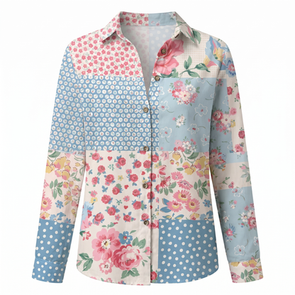 Women's Blouse | Floral Print Button-Front with Split V-Neck