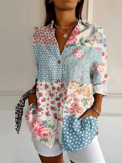 Women's Blouse | Floral Print Button-Front with Split V-Neck