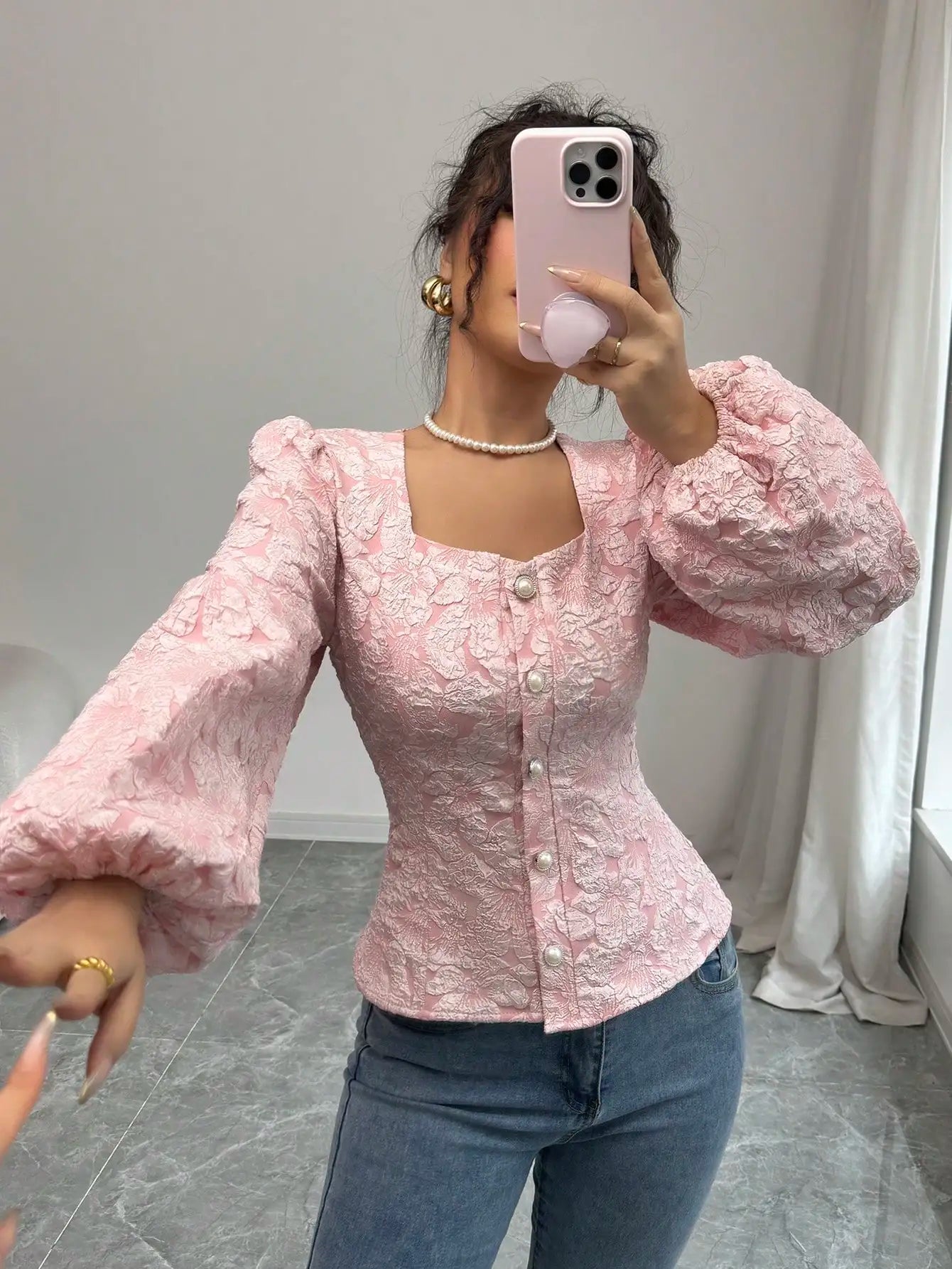 Women's Blouse | Jacquard Square Neck & Puff Sleeve Design