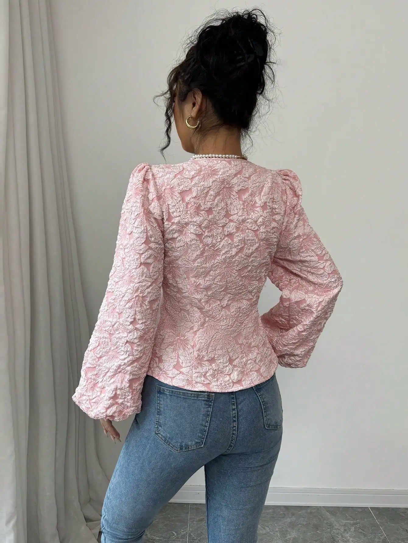 Women's Blouse | Jacquard Square Neck & Puff Sleeve Design