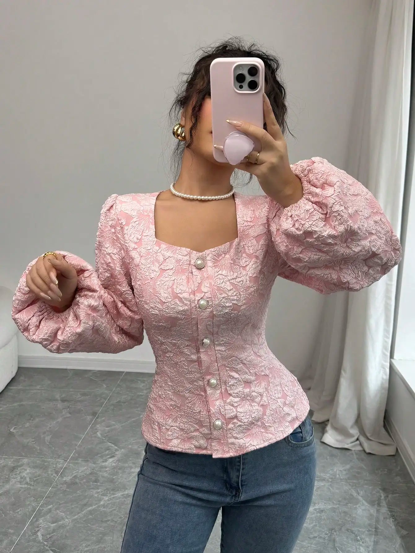 Women's Blouse | Jacquard Square Neck & Puff Sleeve Design
