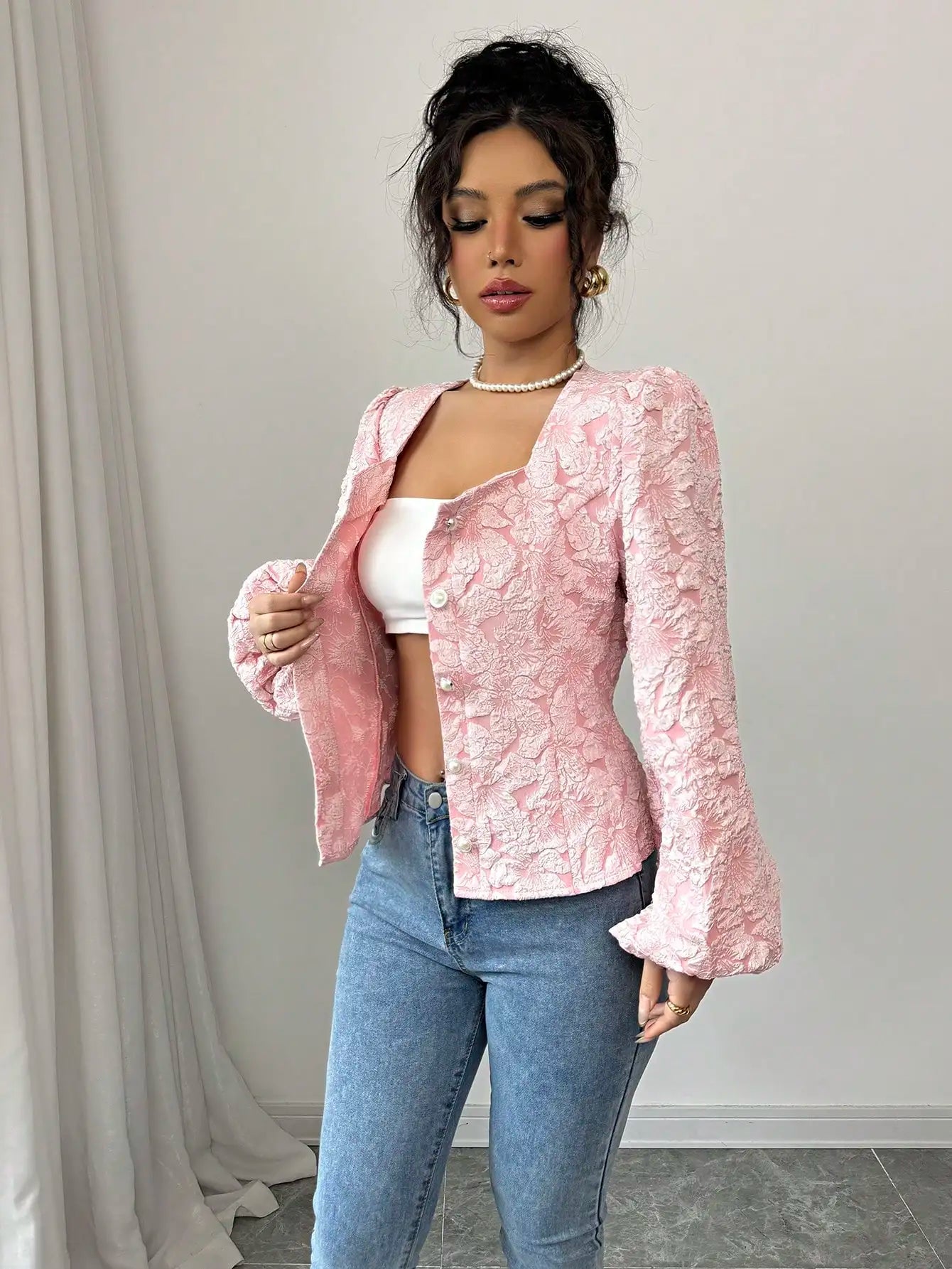 Women's Blouse | Jacquard Square Neck & Puff Sleeve Design