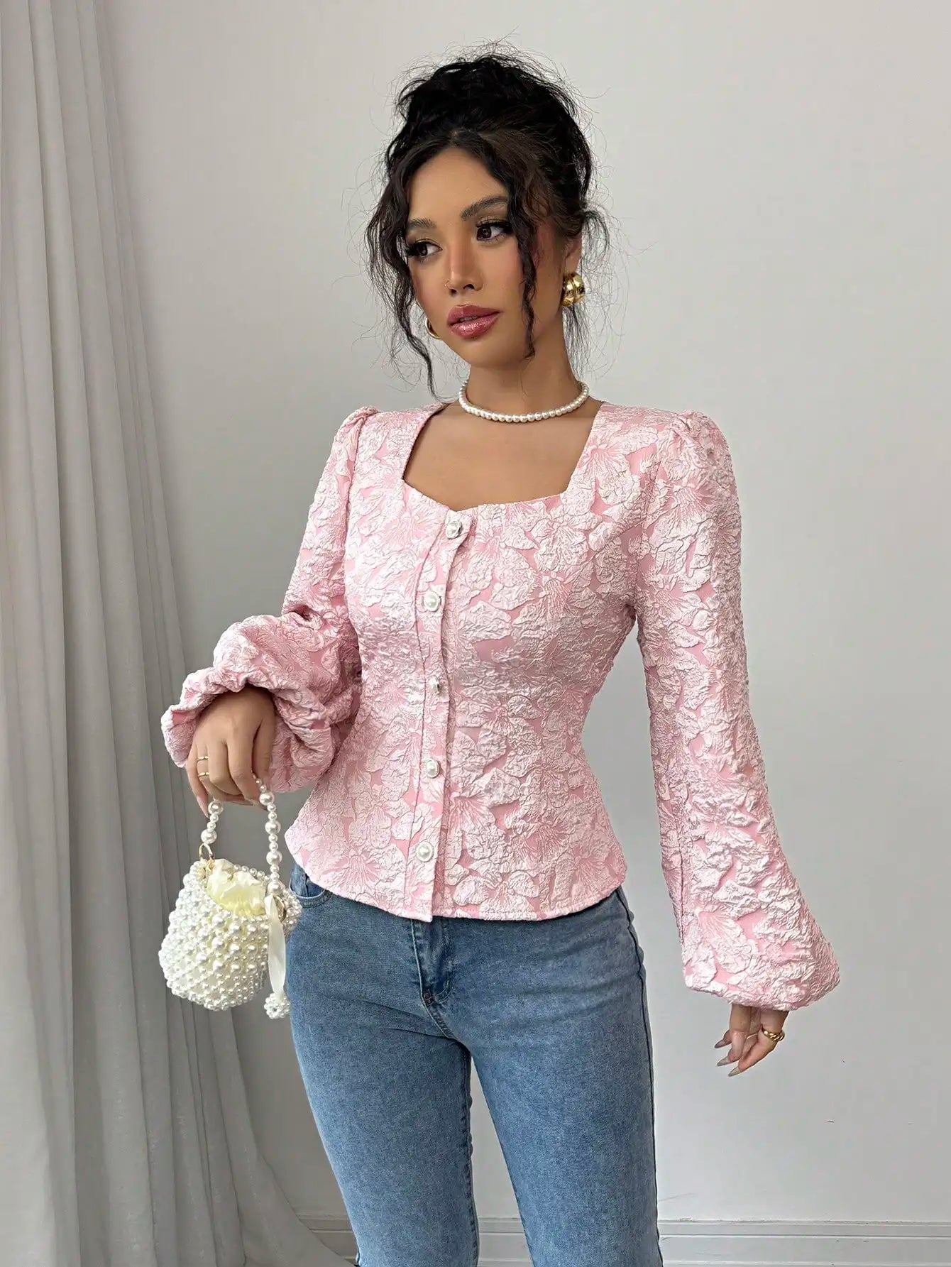 Women's Blouse | Jacquard Square Neck & Puff Sleeve Design