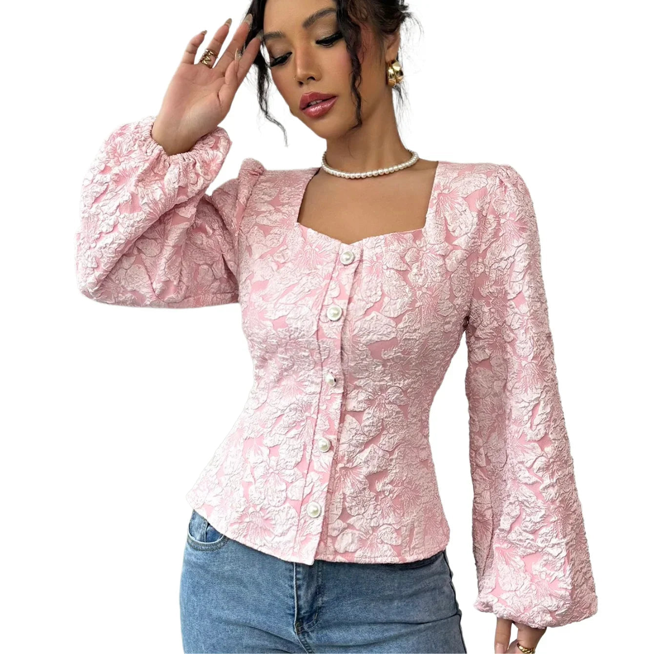 Women's Blouse | Jacquard Square Neck & Puff Sleeve Design
