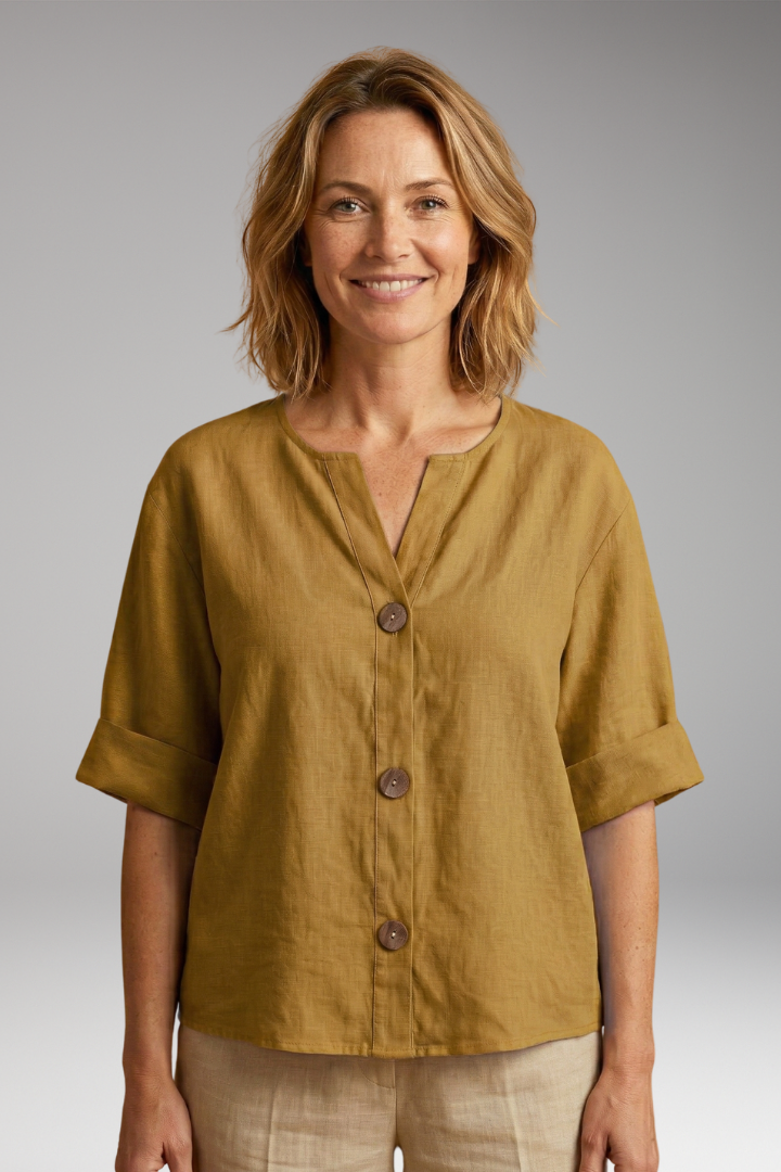 Women's Blouse | Notch Neck Boxy Button Front Top