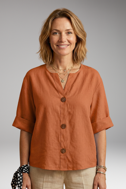 Women's Blouse | Notch Neck Boxy Button Front Top
