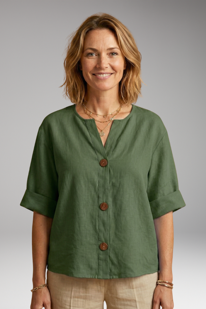 Women's Blouse | Notch Neck Boxy Button Front Top