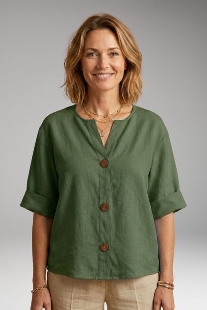 Women's Blouse | Notch Neck Boxy Button Front Top