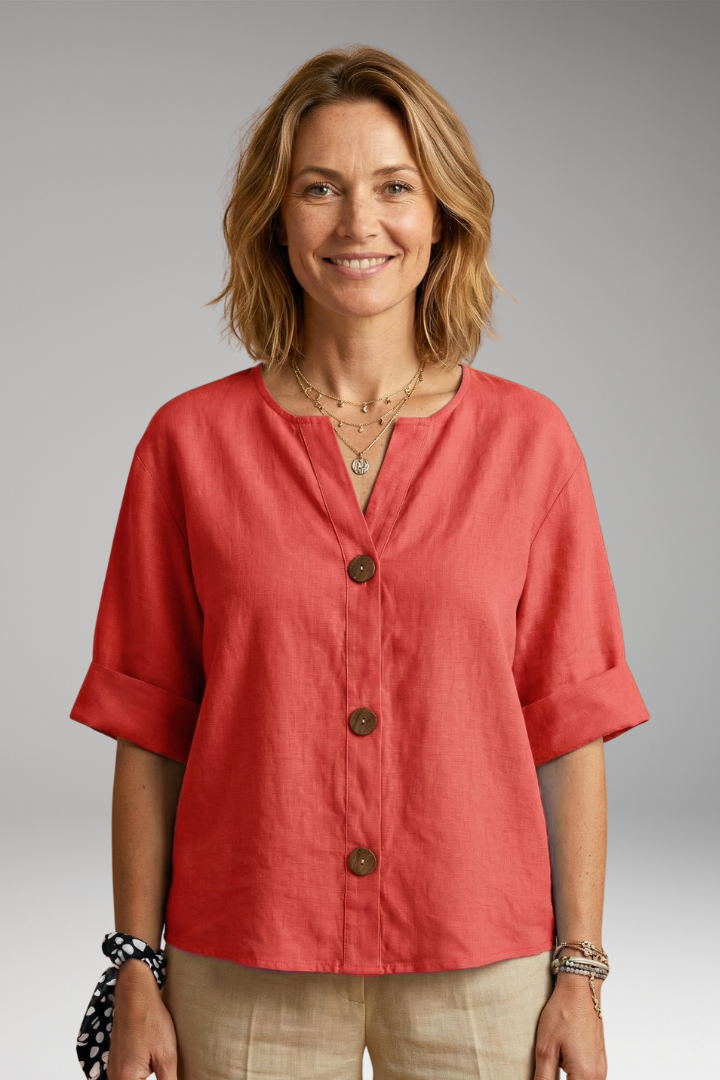 Women's Blouse | Notch Neck Boxy Button Front Top