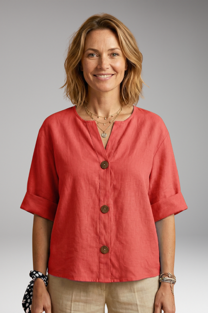 Women's Blouse | Notch Neck Boxy Button Front Top